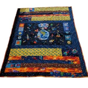 Handmade Quilt Outer Space 55" X 44" Planets Moon Canadian Flag Blue Space Men